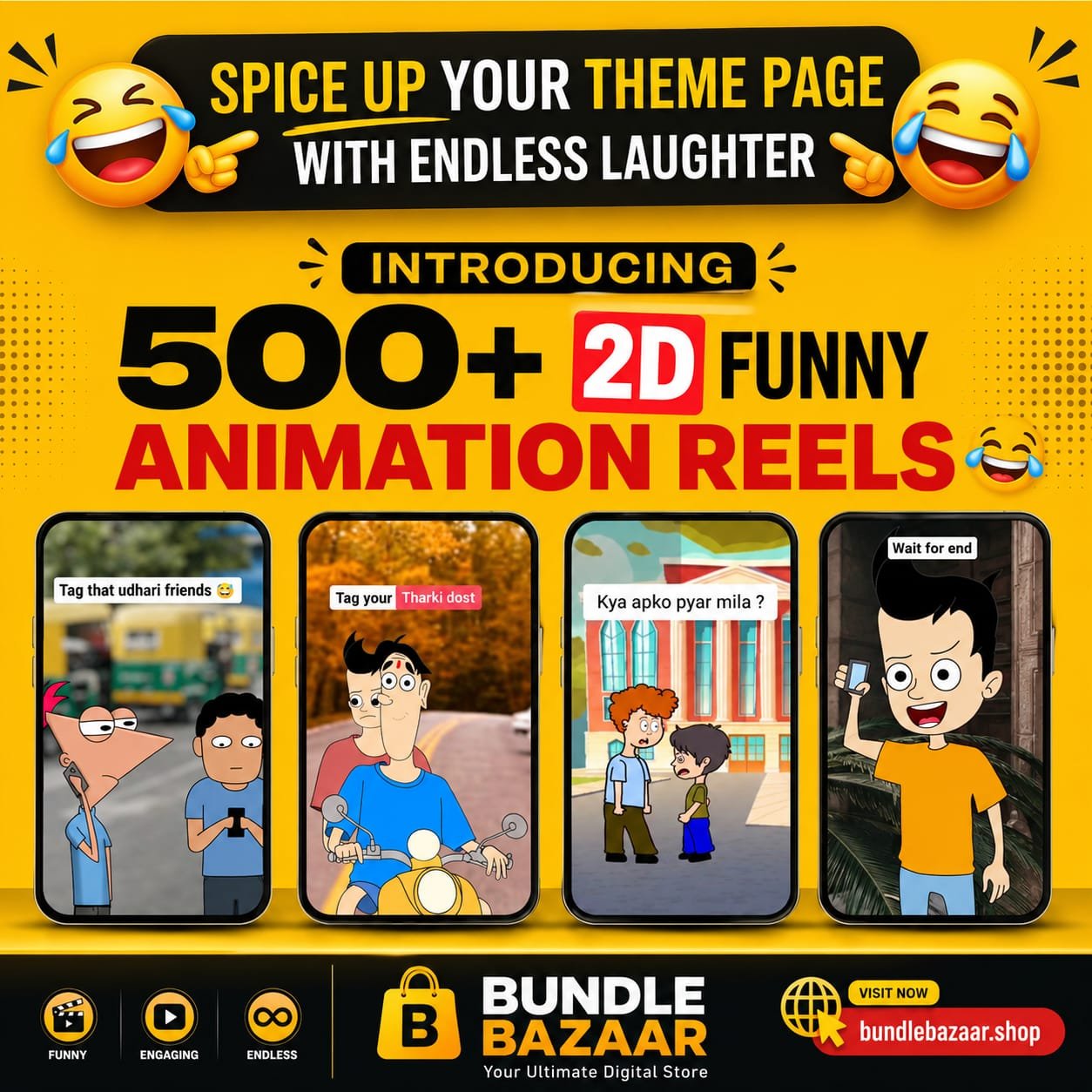 500+ 2D Funny Animation Reels Bundle | High-Quality Viral Content for Instagram, YouTube Shorts & Facebook