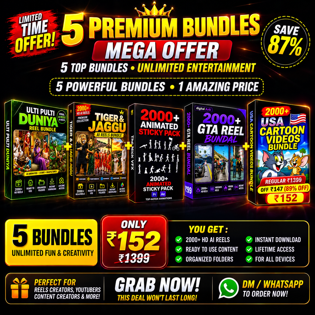5 Premium Bundles Mega Offer – 10,000+ Premium Videos & Reels at Just ₹152