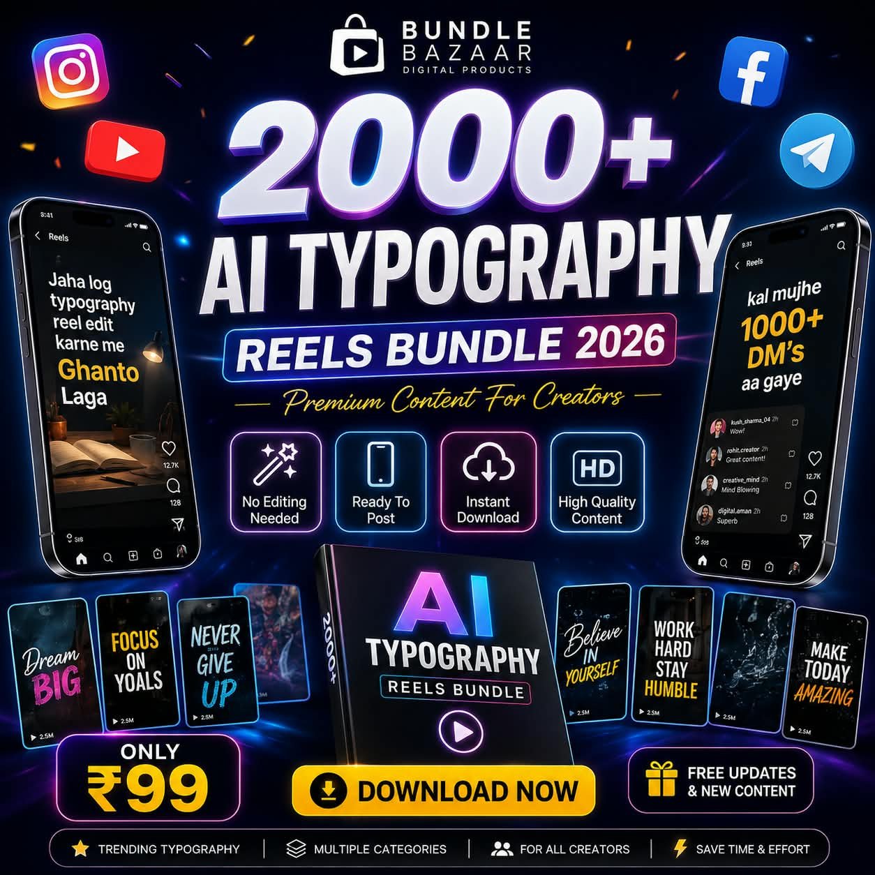 2000+ AI Typography Reels Bundle 2026 | Ready-to-Post Content – Only ₹99 🚀